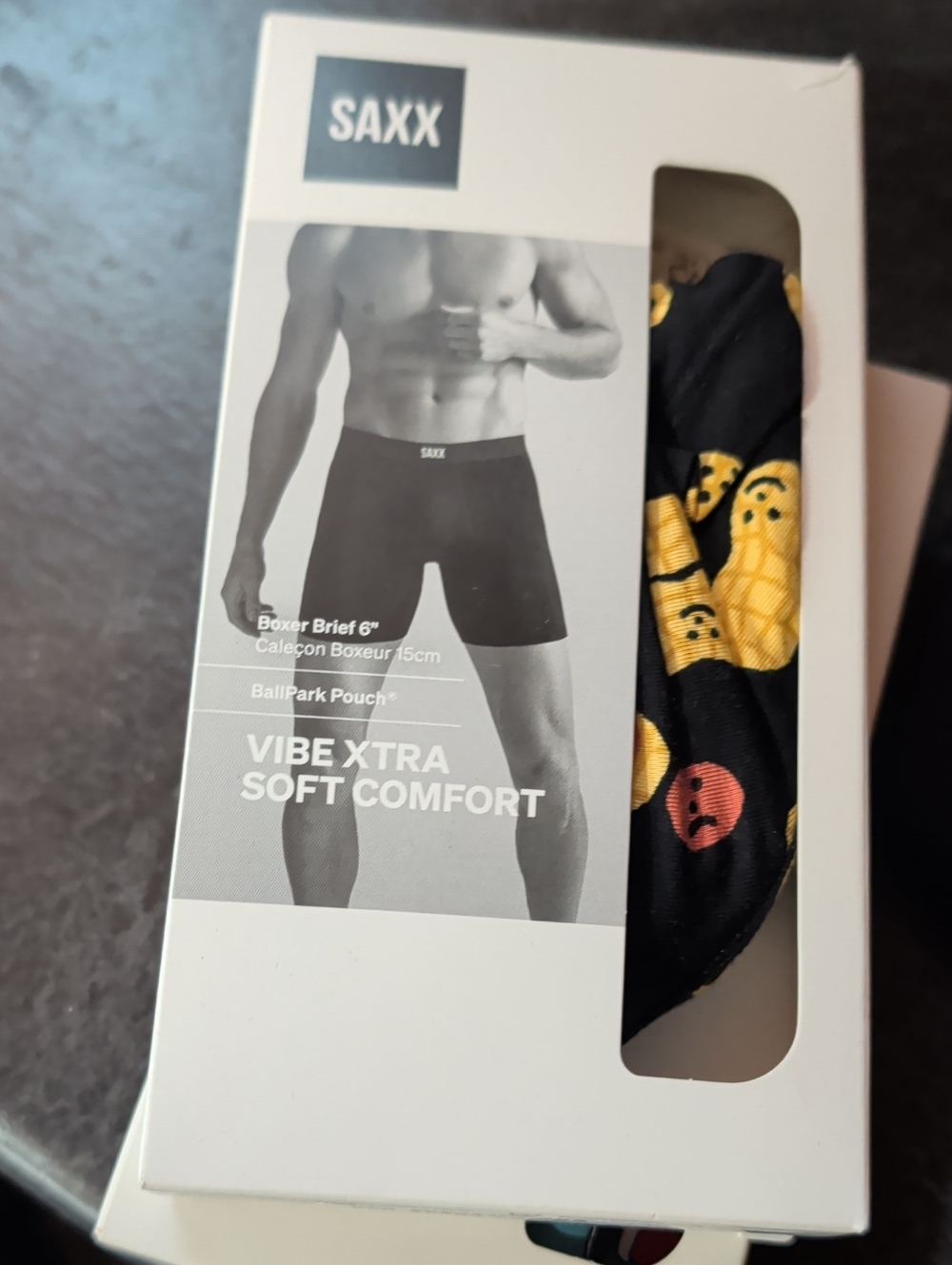 Saxx Vibe Xtra Soft Boxer Briefs - Black with "Go Nuts" Peanuts Print